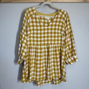 Women's Anthropologie Maeve Mustard Gingham Check Pullover Blouse Size‎ Medium